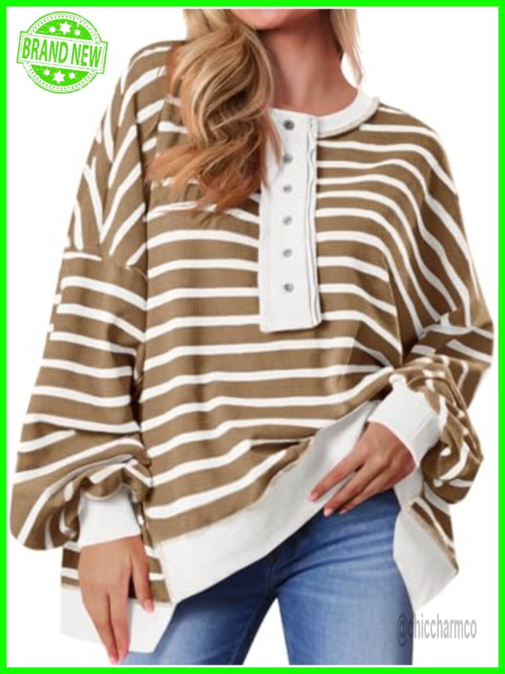 Womens Oversized Waffle Knit Henley Sweatshirt Striped Pullover